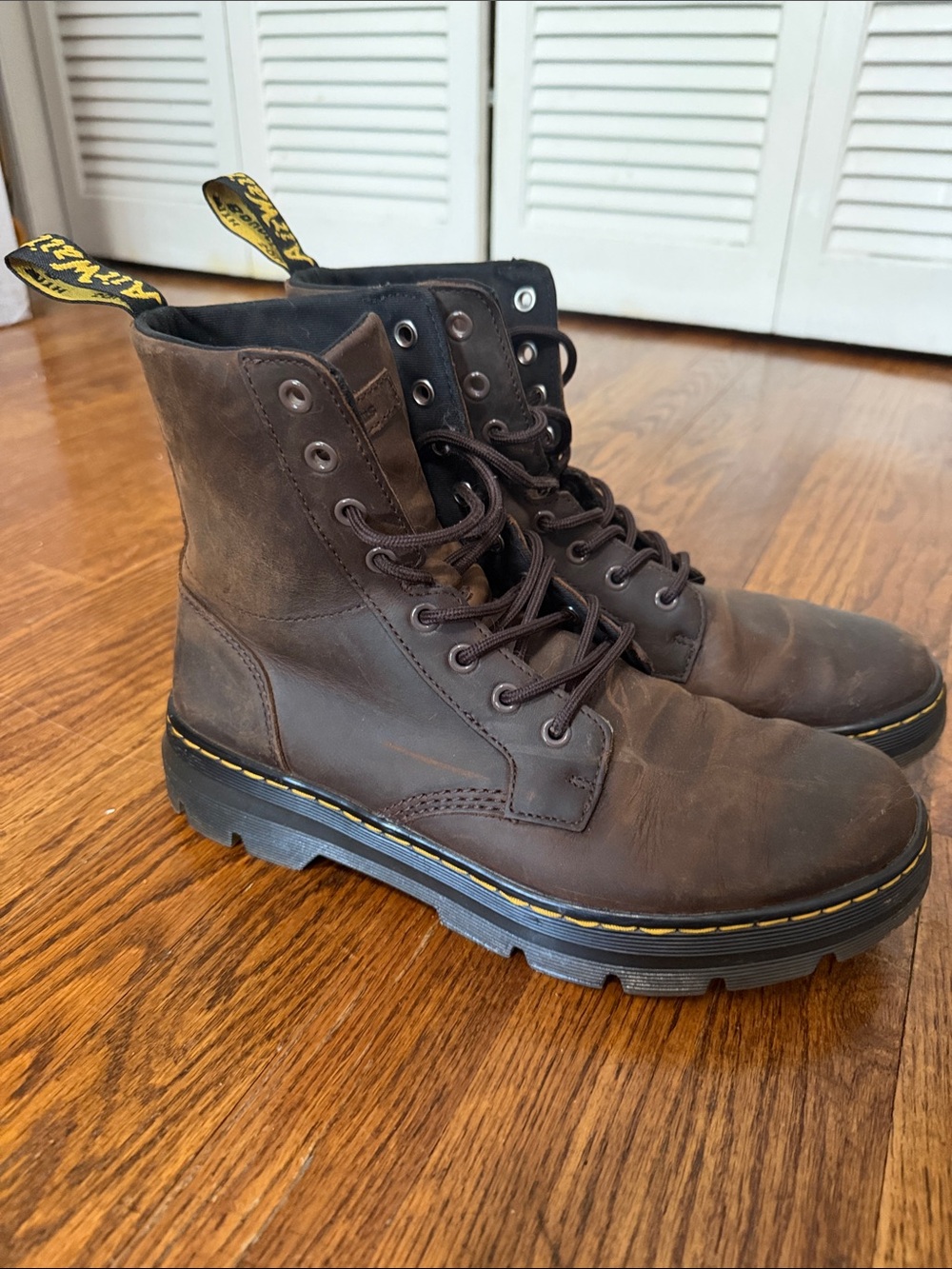 Dr. Martens Brown Leather Lace-Up Combat Boots with Yellow Welt Stitching